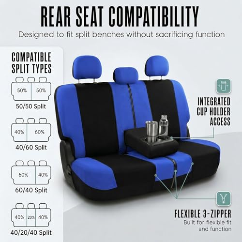 FH Group Full Set Cloth Car Seat Covers , Universal Fit Combo Set with Steering Wheel Cover and Seat Belt Pad for Cars, SUVs and Trucks, Blue - color: Blue/Black