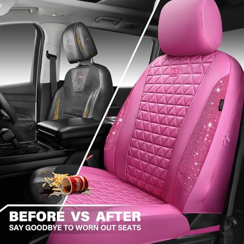 CAR PASS Hot Pink Bling Diamond Leather Car Seat Covers Full Sets, Waterproof Shining Glitter Sparkly Crystal Universal Armrest Fit for Automotive Truck SUV Cute Women Girl,Hot Pink Rhinestone - color: Pink Rhinestone-Hot, size: Full Set