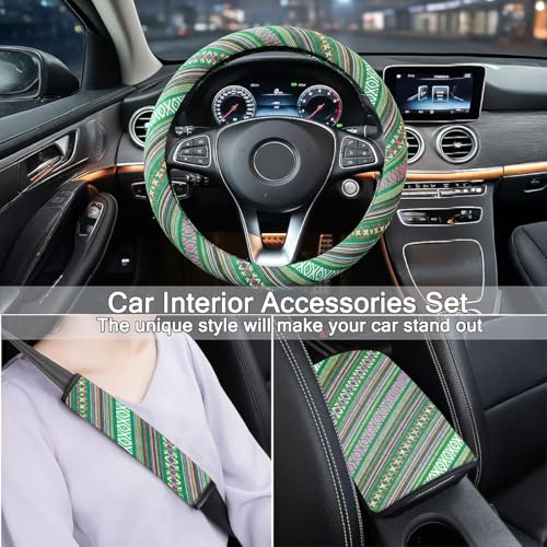 Boho Steering Wheel Cover Set, Seat Belt Cover and Armrest Pad Bohemian Cloth Car Steering Wheel for Women Flax Ethnic Style Steering Wheel Accessories Cover Anti-Slip Fits 14 1/2-15 Inch - Green - color: Blue