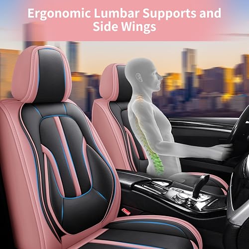 otoez Pink Car Seat Covers Full Set, 5 Seats Nappa Leather Seat Covers for Car, Breathable Automotive Front and Back Seat Protectors with Lumbar Support for Sedan SUV Truck Van, Black & Pink