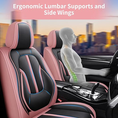 otoez Pink Car Seat Covers Full Set, 5 Seats Nappa Leather Seat Covers for Car, Breathable Automotive Front and Back Seat Protectors with Lumbar Support for Sedan SUV Truck Van, Black & Pink