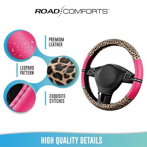 Road Comforts Leopard Steering Wheel Cover for Women, Cute Anti-Slip Microfiber Leather, Universal Fit 14.5-15 Inch Round Steering Wheel - HotPink - color: Round HotPink
