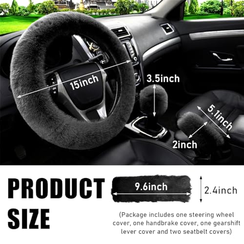 5 PCS Fluffy Steering Wheel Covers Set, Faux Wool Steering Wheel Cover & Handbrake Cover & Gear Shift Cover & 2 Seat Belt Shoulder Pads, Universal Car Accessories (Black) - color: Black