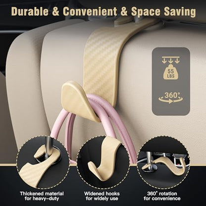 4-Pack Car Headrest Hooks Vehicle Storage Organizer for Purses Handbags Groceries Coats – Heavy Duty 360° Rotating Simple Design Checkered Beige - color: L-Beige Checkered