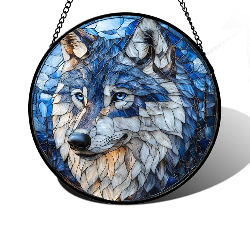 DASTOLL Stained Glass Window Hanging - Funny Wolf Suncatcher Ready to Hang Window Doors Home Decoration and Christmas, Mother's Day Birthday Gifts for Women, Men, and Mom 7.8x7.8 in - color: Blue and White, size: 7.8x7.8 IN