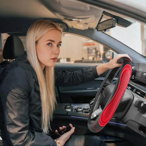 Red Film Splicing Leather Steering Wheel Cover, Microfiber Leather, Anti-Slip, Breathable, Universal Fit for 14.5–15 in Steering Wheel Cover for Men Women - color: Film-Grained - Red
