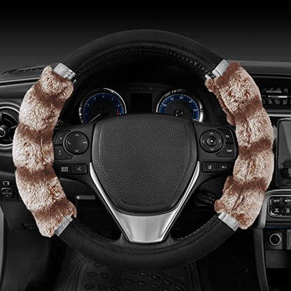 BDK Bear Fur Steering Wheel Cover, Plush Faux Fur Fuzzy Steering Cover for Car Truck Van SUV, Standard Size Fits Wheels 14.5-15 in Diameter, Two Tone Black/Brown with Glitter - color: #39 Brown with Glitter, size: Fits 14.5 - 15" SW