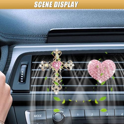 2PCS Bling Cross & Heart Car Dashboard Air Vent Trim Clip, Sparkly Rhinestone Car Air Vent Clips, Diamond Auto Diffuser Charm Clip, Auto Interior Decoration Accessory for Women Girls (Pink) - size: Pink