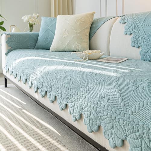 Cotton Quilted Dog Couch Cover for Sofa Farmhouse Rustic Embroidery Sectional Couch Cover Soft Anti-Slip Sofa Slipcover Furniture Protector for Kids, Pets (Blue,28"x59") - color: Blue, size: 28"x59"/Rectangular