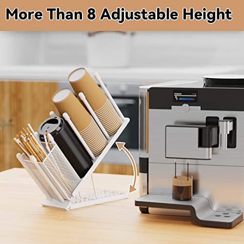 OVICAR Cup and Lid Holder - Adjustable Coffee Cup Holder Organizer 4 Compartment Disposable Paper Plastic Cup Dispenser with Straw Storage Basket for Coffee Bar Station Breakroom Countertop White - color: White