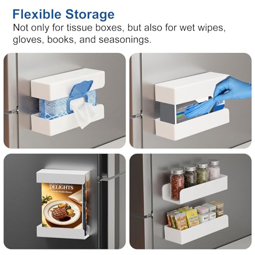 Adjustable Magnetic Glove & Tissue Box Holder, Wall Mount Dispenser for Gloves, Wipes & Tissues, Multi-Purpose Organizer for Kitchen, Laundry, Garage & Workshop, White