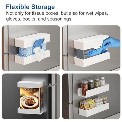 Adjustable Magnetic Glove & Tissue Box Holder, Wall Mount Dispenser for Gloves, Wipes & Tissues, Multi-Purpose Organizer for Kitchen, Laundry, Garage & Workshop, White