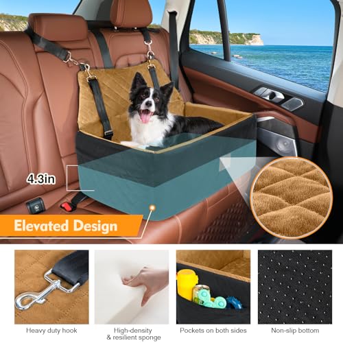 Dog Car Seat for Large Medium Dogs,Washable Pet Car Seat Under 55 lbs or 2 Small Dogs,Dog Booster Seat with Thick Cushion,2 Safety Leashes Travel Car Dog Bed - color: Black/brown