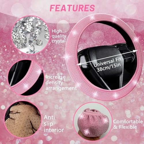 NBTEPEM 27-Piece Bling Car Accessories Set - Universal Fit Steering Wheel Covers, License Plate Frames, Phone Holder, Car Fast Charger, Coasters (Pink) - color: Pink Diamond