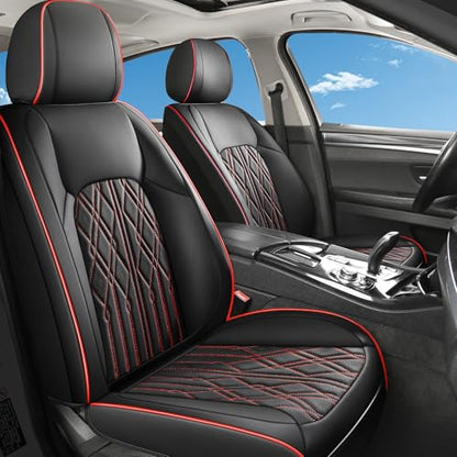 Huidasource Car Seat Covers Full Set, Leather Seat Cover Universal Fit for Most Cars Sedans SUVs Trucks, Airbag Compatible, Cup Holder Access, Easy Install, Wipes Clean, Wear-Resistant, Black&Red - color: A-Black&Red, size: 5pcs Full Set