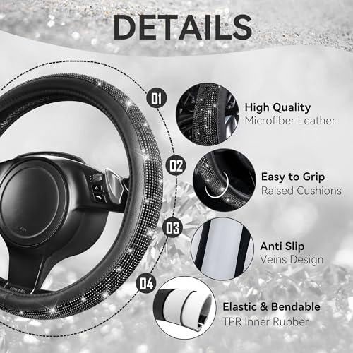CAR PASS 23 PCS Bling Diamond Car Accessories Set for Women, Leather Seat Covers Full Set Floor Mats Steering Wheel Cover, Coasters Seat Belt Covers Phone Holder Universal Fit Car SUV Truck Van Black - color: Black Diamond