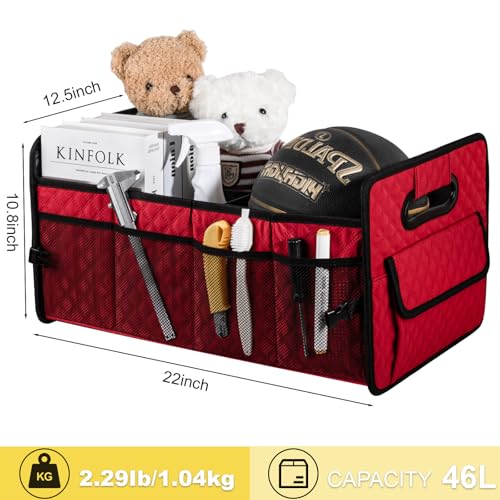 Car Trunk Organizers and Storage for SUV, Collapsible Multi Compartment Container Box Adjustable Car Accessories for Women Men, Red