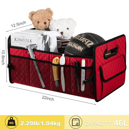 Car Trunk Organizers and Storage for SUV, Collapsible Multi Compartment Container Box Adjustable Car Accessories for Women Men, Red