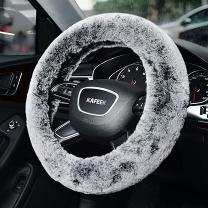 KAFEEK 16 inch Frost Fluffy Steering Wheel Cover for Winter Warm, Large Size Soft Fuzzy Steering Wheel Cover, Compatible with Ram F-150 Tundra Range Rover F150 F250 F350 Ram 4Runner Tacoma, Grey - color: gray, size: Large Size[15.5"-16"]