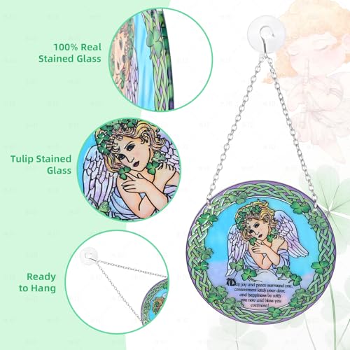 Stained Glass Angel Suncatcher Window Hanging Ornament for Home and Garden Decor 100% Real Glass with Elegant Angel Design Gift for Mom and Loved Ones.