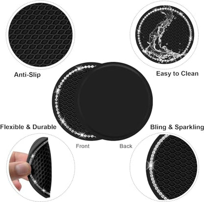 Car Cup Holder Coasters, 2.75 Inch, 2-Pack, for Women | Universal, Bling Crystal Rhinestone, Anti-Slip Silicone, Auto Interior Accessories