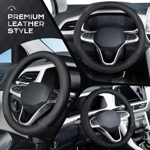Coverado Car Steering Wheel Cover, Nappa Leather Black Steering Wheel Covers for Women, Universal 14-15 inch, Anti-Slip, Breathable Steering Wheel Protector - color: B-Black&Black