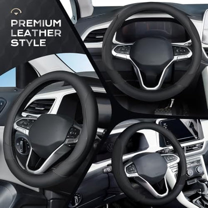 Coverado Car Steering Wheel Cover, Nappa Leather Black Steering Wheel Covers for Women, Universal 14-15 inch, Anti-Slip, Breathable Steering Wheel Protector - color: B-Black&Black
