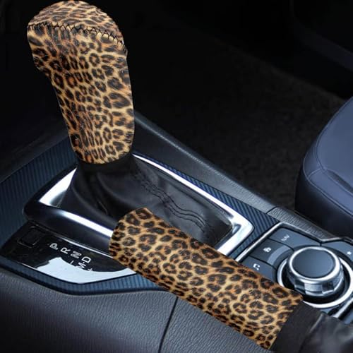 Brown Leopard Print Auto Gear Shifts Knob Cover Handbrake Cover Set of 2 PCSNon-Slip Comfortable Car Interior Accessiores Universal Fit for Cars SUV - color: Brown Leopard Print