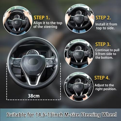 Steering Wheel Cover Black, Carbon Fiber Car Steering Wheel Covers with Coasters Universal 14.5-15 inch Leather Microfiber Breathable Anti-Slip Steering Wheel Accessories Set - color: black02, size: Medium