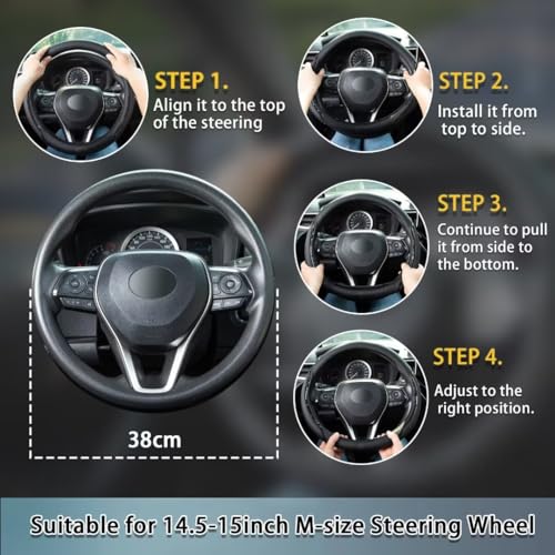 Steering Wheel Cover Black, Carbon Fiber Car Steering Wheel Covers with Coasters Universal 14.5-15 inch Leather Microfiber Breathable Anti-Slip Steering Wheel Accessories Set - color: black02, size: Medium