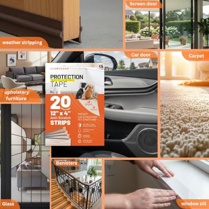 CLAWGUARD Protection Tape Strips – 20 Pre-Cut 12x4 in Scratch Barriers – Door Scratch Protector Dog & Cat – Couch Protector from Cat Claws