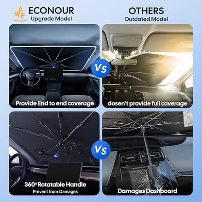 Econour Windshields Sun Shade Umbrella for Car | Medium Foldable Car Sunshade | UV & Heat Protection Front Window Sun Shield, Keeps Interior Cool, Fits Sedans SUVs & Trucks (57” x 33”)