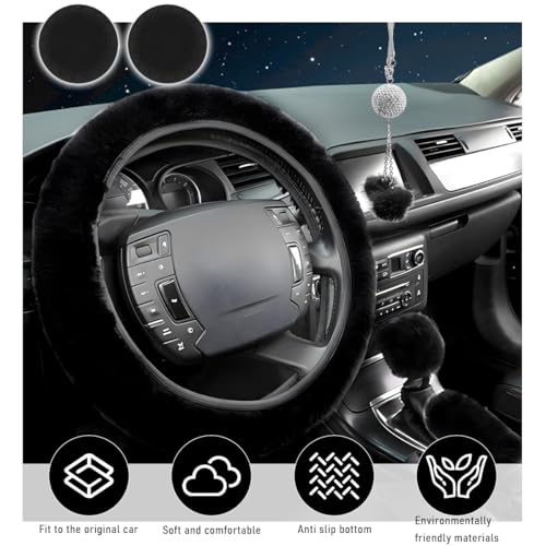 6 PCS Fluffy Steering Wheel Covers Set, 15 Inch Soft Steering Wheel Cover, Handbrake Cover & Gear Shift Cover & Cup Holder Coaster & Car Mirror Accessory, Car Accessories (Black) - color: Black