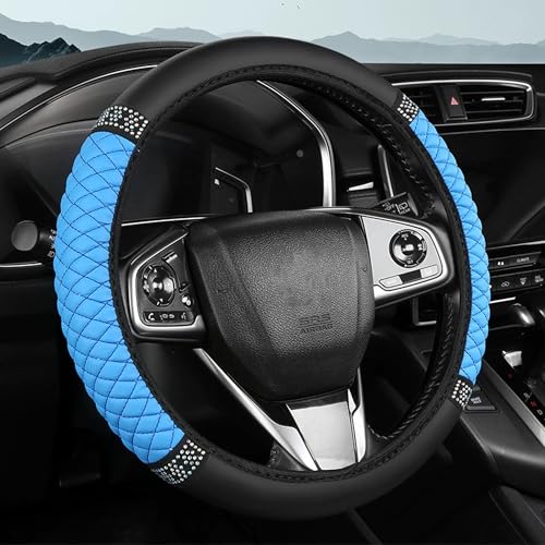 Bling Car Steering Wheel Cover, 15 Inch Rhinestones Soft Leather Elastic Steering Wheel Protector, Sparkly Crystal Diamond for Women Girls, Car Interior Accessories for Most Cars (Blue) - color: Blue