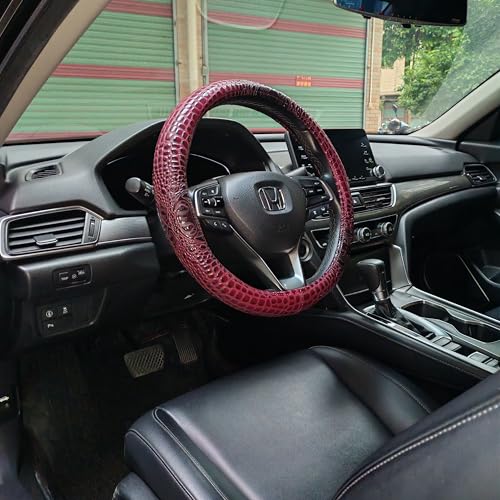Premium Leather Steering Wheel Cover with Air Holes – Non-Slip Rubber Grip, Universal Fit for Cars (Burgundy) - color: Burgundy