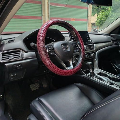 Premium Leather Steering Wheel Cover with Air Holes – Non-Slip Rubber Grip, Universal Fit for Cars (Burgundy) - color: Burgundy