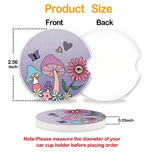 Car Coasters 2 Pack,2.56" Ceramic Stone Car Cupholder Absorbent Coaster Set for Women Men Drink Cup Holder Coasters Car Accessories(Skull Sunflowers) (Purple Mushroom) - color: Purple Mushroom
