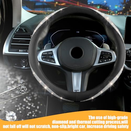 Black Steering Wheel Cover，with Bling Crystal Rhinestone, Delicate and Anti-Slip Sparkly Sedan Steering Wheel Cover ，Adaptable to 14.5-15 inches Steering Wheel, LPFS1