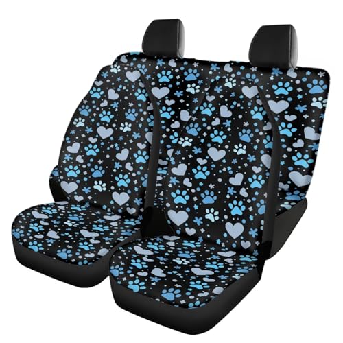 Howilath Blue Puppy Paw Car Seat Cover Full Set 4 Pack Breathable Heart Front & Back Seat Covers Interior Decor Fit SUV Sedan Van - color: Blue Puppy Paw Heart
