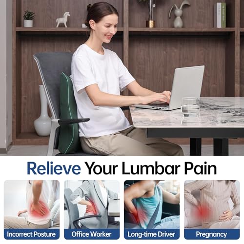 Plush & Comfortable Memory Foam Lumbar Support Pillow - Soft Back Cushion for Office Chair, Car Seat, Gaming Chair - Ergonomic Lower Back Pain Relief with Adjustable Straps & Washable Cover-Dark Green