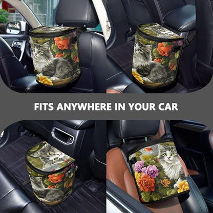 MNSRUU Car Trash Can with Lid, Gray Cat on The Garden Fence Car Trash Bag Hanging Organizers and Storage for Front Back Seat, Leak-Proof Trash Bin - color: Cats I14284