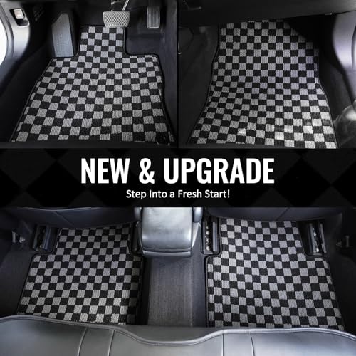 IKON MOTORSPORTS Loop Pile Tufted Car Floor Mats, Compatible with 2016-2021 Honda Civic, Checkered Grey Black Plaid, All Weather Anti-Slip 4PCS Set Car Protector Carpets