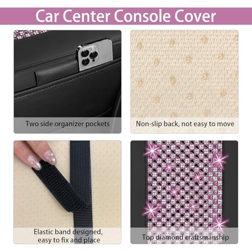 NBTEPEM Bling Car Armrest Cover, Universal Microfiber Leather Center Console Cover with 2 Pockets, Rhinestone Car Armrest Cushion Protector, Bling Accessories Interior (Purple Diamond) - color: Purple Diamond