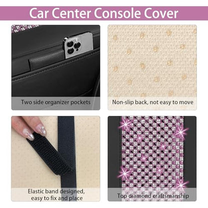 NBTEPEM Bling Car Armrest Cover, Universal Microfiber Leather Center Console Cover with 2 Pockets, Rhinestone Car Armrest Cushion Protector, Bling Accessories Interior (Purple Diamond) - color: Purple Diamond