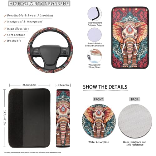 Boho Elephant Print 16 Piece Car Seat Cover Full Set, Car Front Back Seat Cover Steering Wheel Cover Armrest Pads Seatbelt Cover Car Handbrake Cover Gear Shift Cover, Car Interior Accessories - color: Red and Blue - Boho Elephant