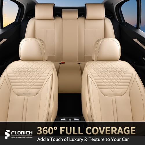 Car Seat Covers for Full Set, Universal Seat Cushion 5 Seats, Car Seat Protector Waterproof, Premium Leather Automotive Seat Covers for Most Cars, Sedans, SUVs, and Trucks-Beige