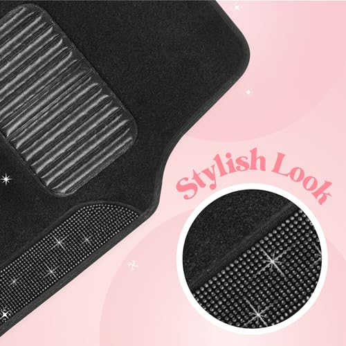 Carbella Diamond Bling Car Mats 4-Piece Set, Shiny Rhinestone Crystal Carpet Car Floor Mats, Two-Tone Floor Mats for Cars, Cute Automotive Interior Car Accessories for Women (Black)