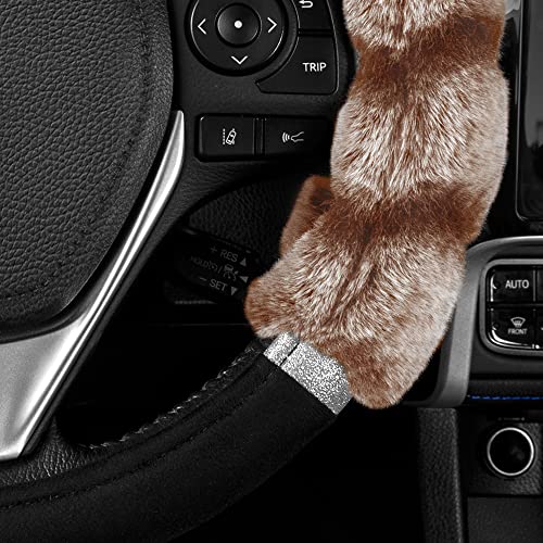 BDK Bear Fur Steering Wheel Cover, Plush Faux Fur Fuzzy Steering Cover for Car Truck Van SUV, Standard Size Fits Wheels 14.5-15 in Diameter, Two Tone Black/Brown with Glitter - color: #39 Brown with Glitter, size: Fits 14.5 - 15" SW
