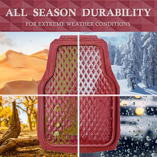 CAR PASS Heavy Duty Rubber Red Car Floor Mats & Cargo Liners, Deep Dish All-Weather Trunk Mats Durable Anti-Slip 3D Rhombus Waterproof Trim to Fit Liner Universal Fit Auto,Sedan,SUV,Truck, Burgundy - color: red with cargo liner