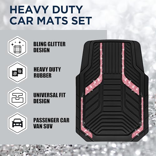 PIC AUTO Car Floor Mats, Hot Pink Sparkly Crystal Bling Glitter Car Mats Set, Front and Rear Heavy Duty Rubber Car Mats with Anti-Slip Backing, All Weather, Trim-to-Fit for SUVs, Trucks, Sedan, Vans - color: Hot Pink Glitter